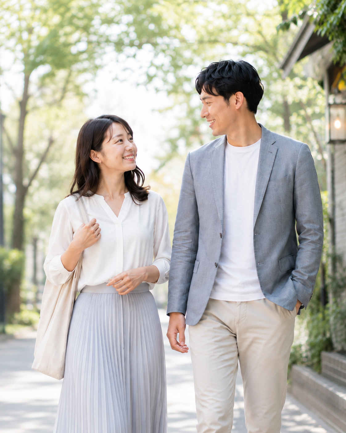 自然体で並んで歩く男女